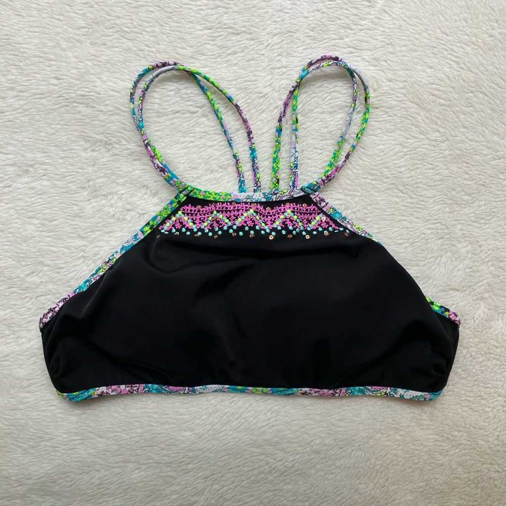 Victoria's Secret Bali High Neck Bikini Top Black Multi Foil Sequins Swim